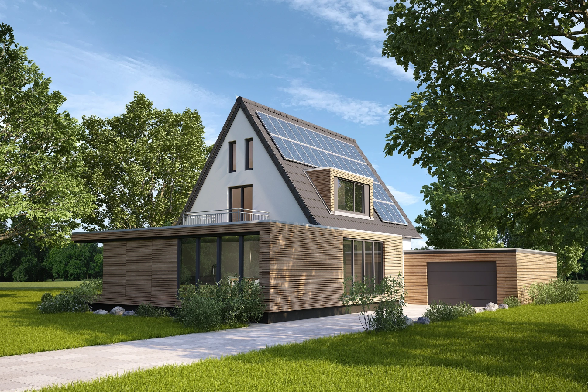 Villa contemporaine avec piscine à débordement sur terrasse en bois exotique