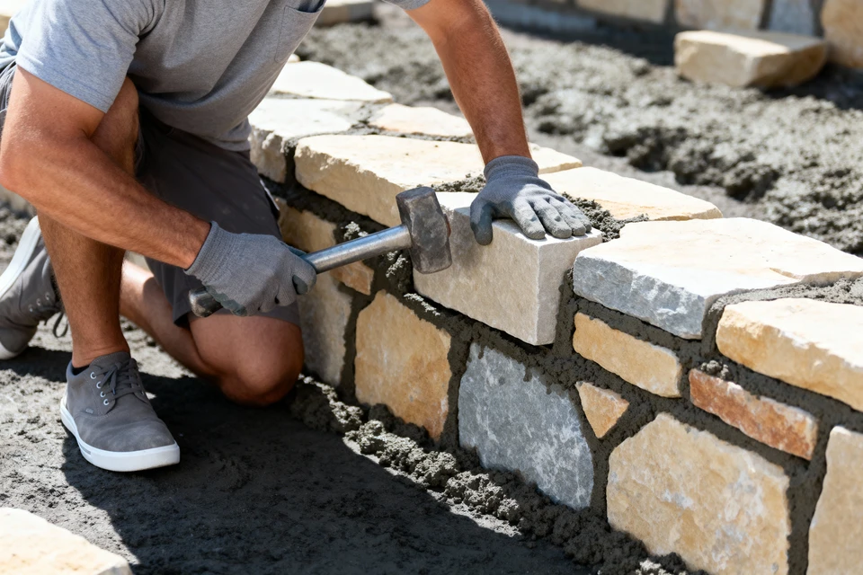 Chantier int&eacute;rieur, ouvrier en v&ecirc;tement bleu applique du mortier ou enduit sur mur b&eacute;ton avec une taloche rectangulaire &agrave; manche orange